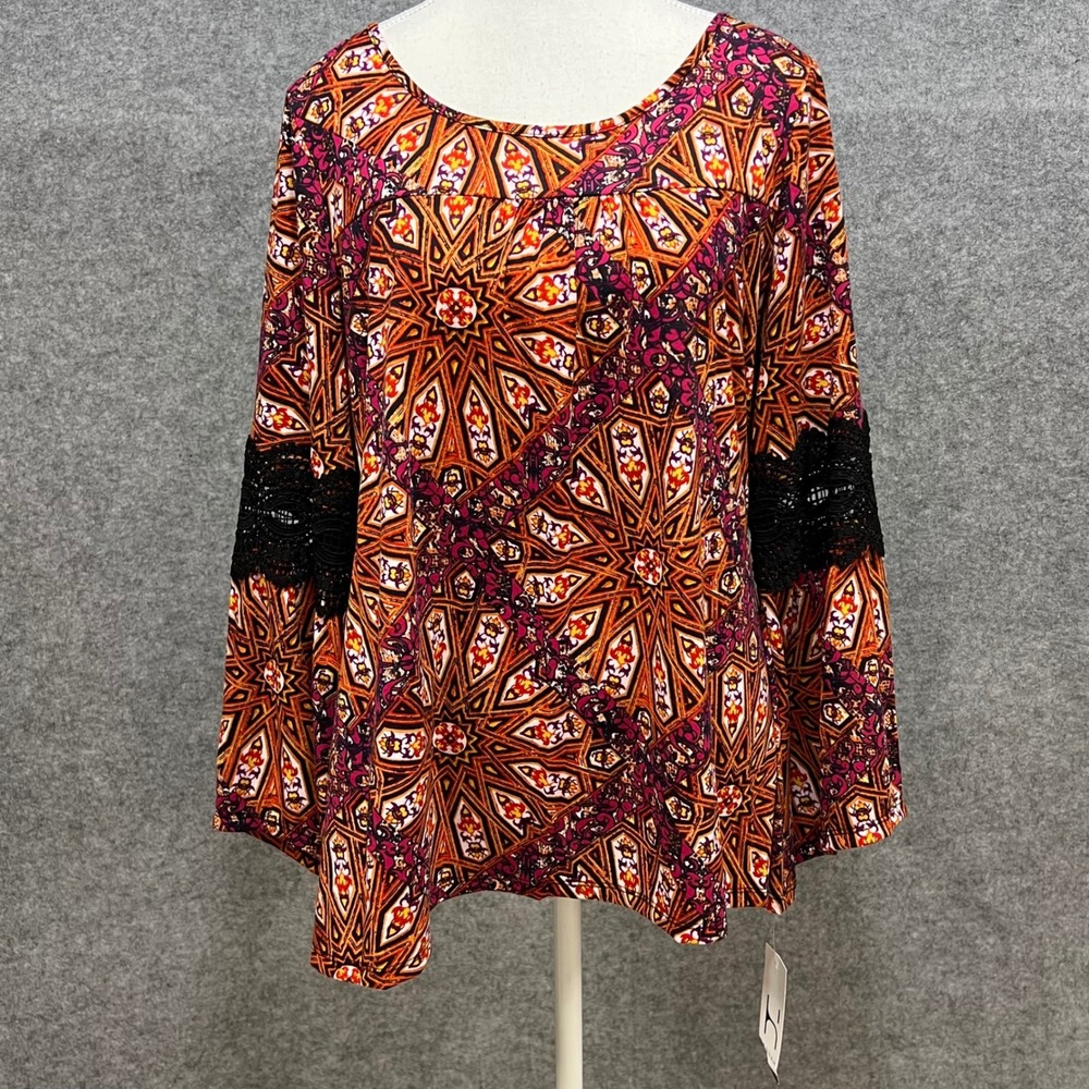 Hannah Womens Orange Geometric Print Black Lace Sleeve Tunic Top M